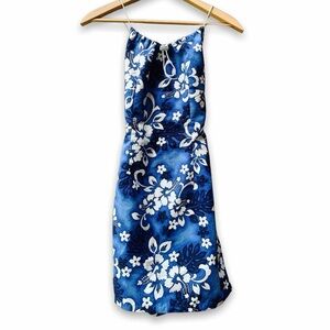 Y2k Miken Blue Hawaiian Hibiscus Floral Print Gorpcore Mini Dress Sz Small